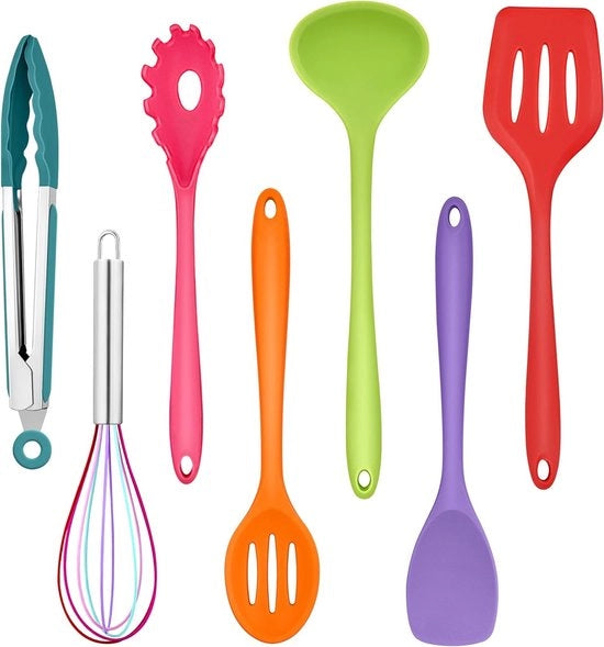 Set di aiuto per cucina in silicone a 7 pezzi: utensili da cucina termoresistenti per superfici antiaderenti