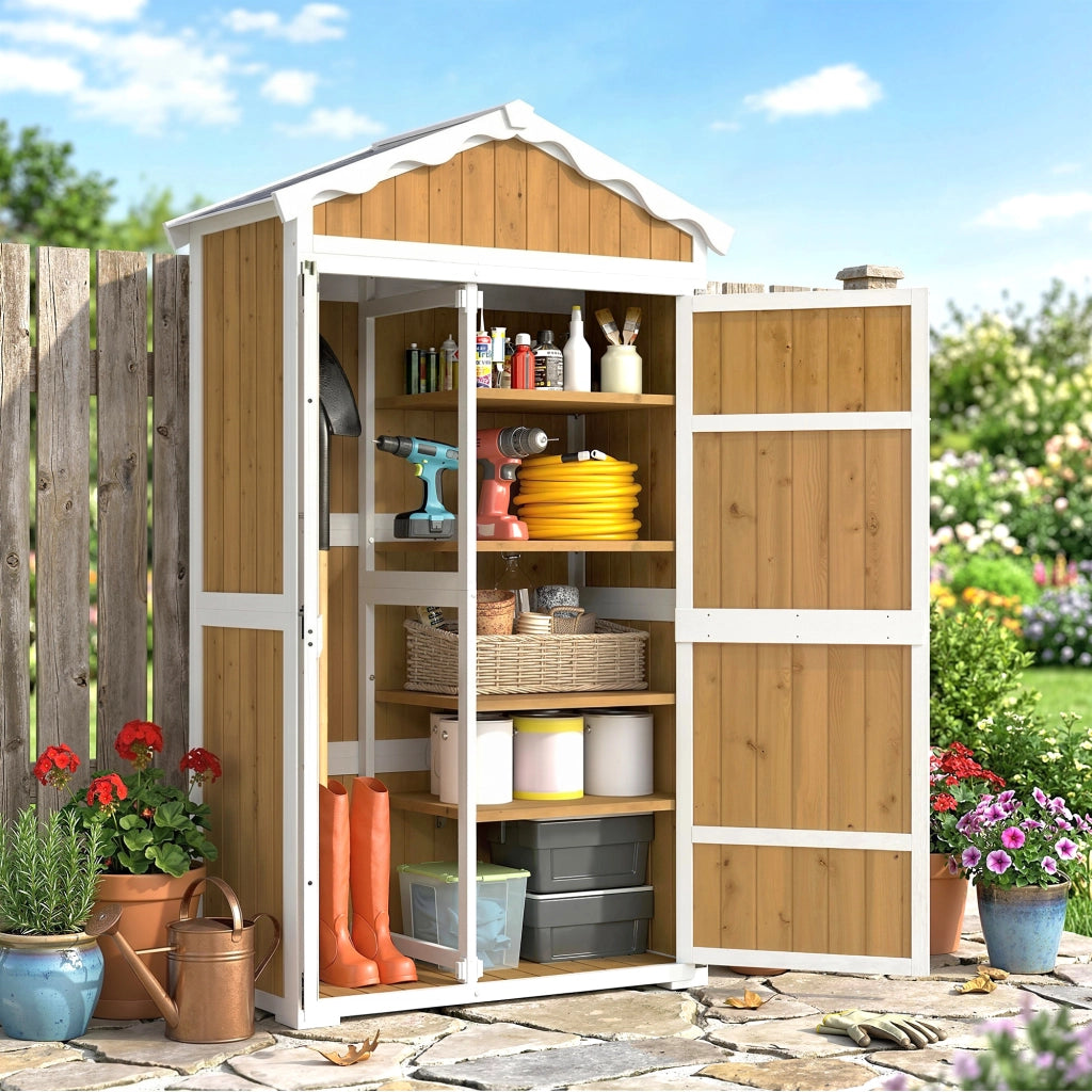 Armadio da Giardino in Legno ¨C zephmum ¨C 105x55x179 cm con 4 Ripiani e Tetto in Metallo Galvanizzato