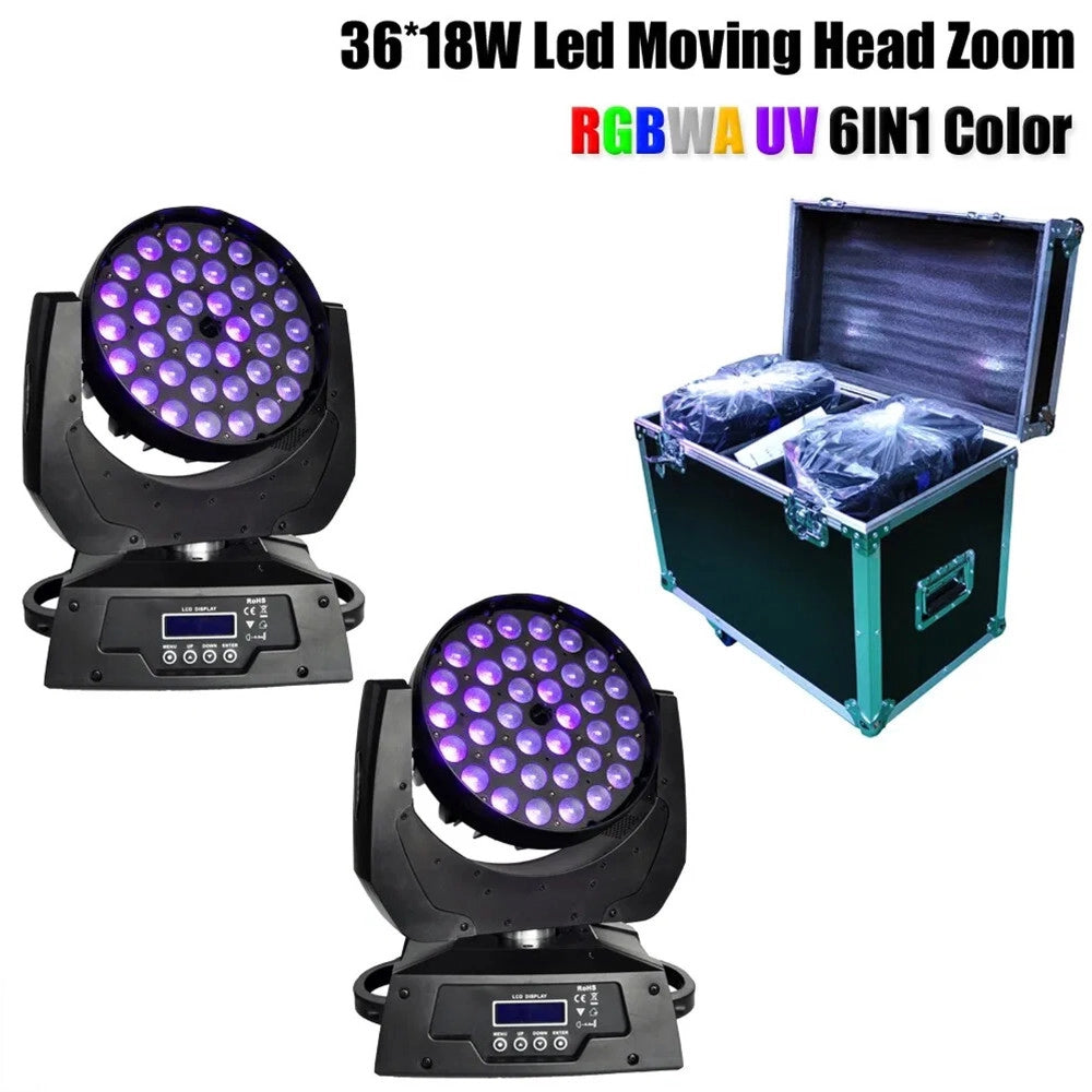Trade Shop - Coppia Wash Moving Head Zoom Led 36x18 Rgbwa Uv 6in1 Teste Mobili Con Flightcase -