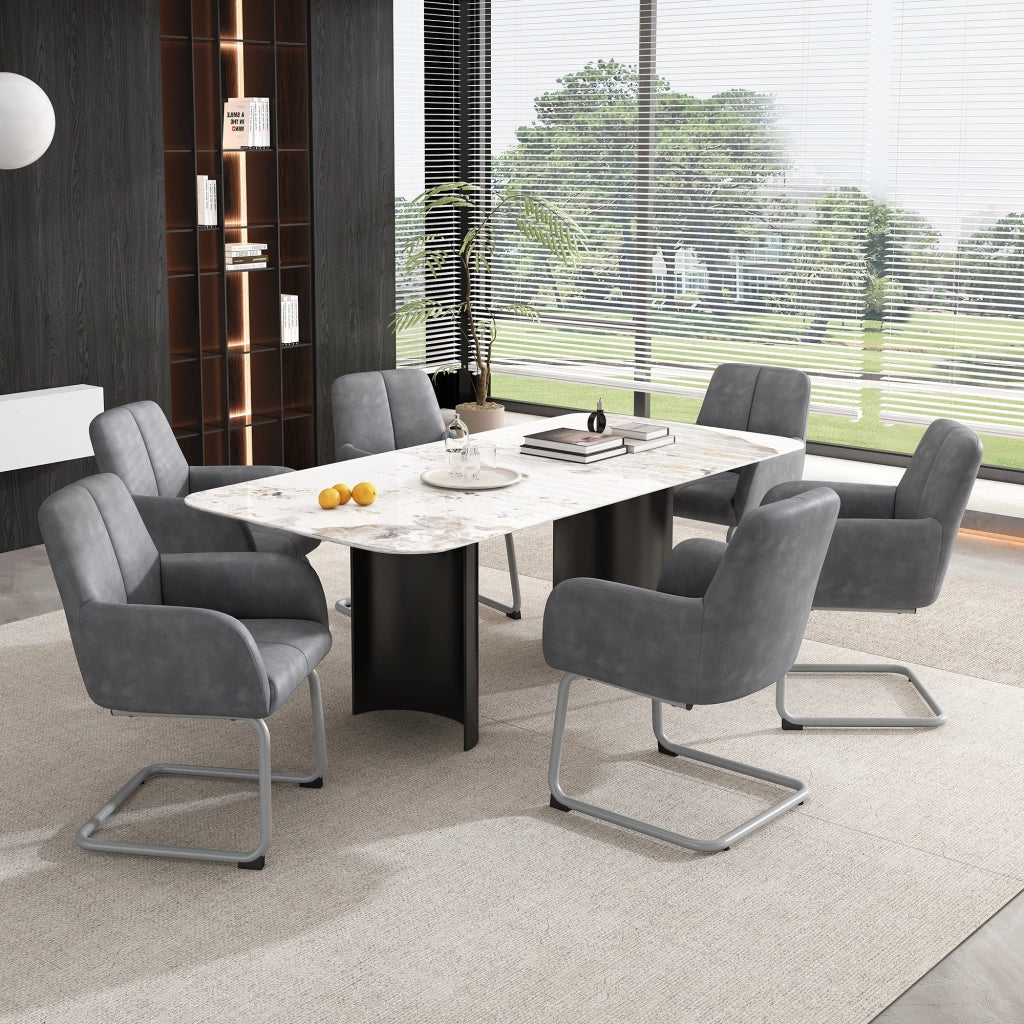Sedia da pranzo set da 2 con braccioli, schienale ergonomico, pelle in microfibra, Grigio