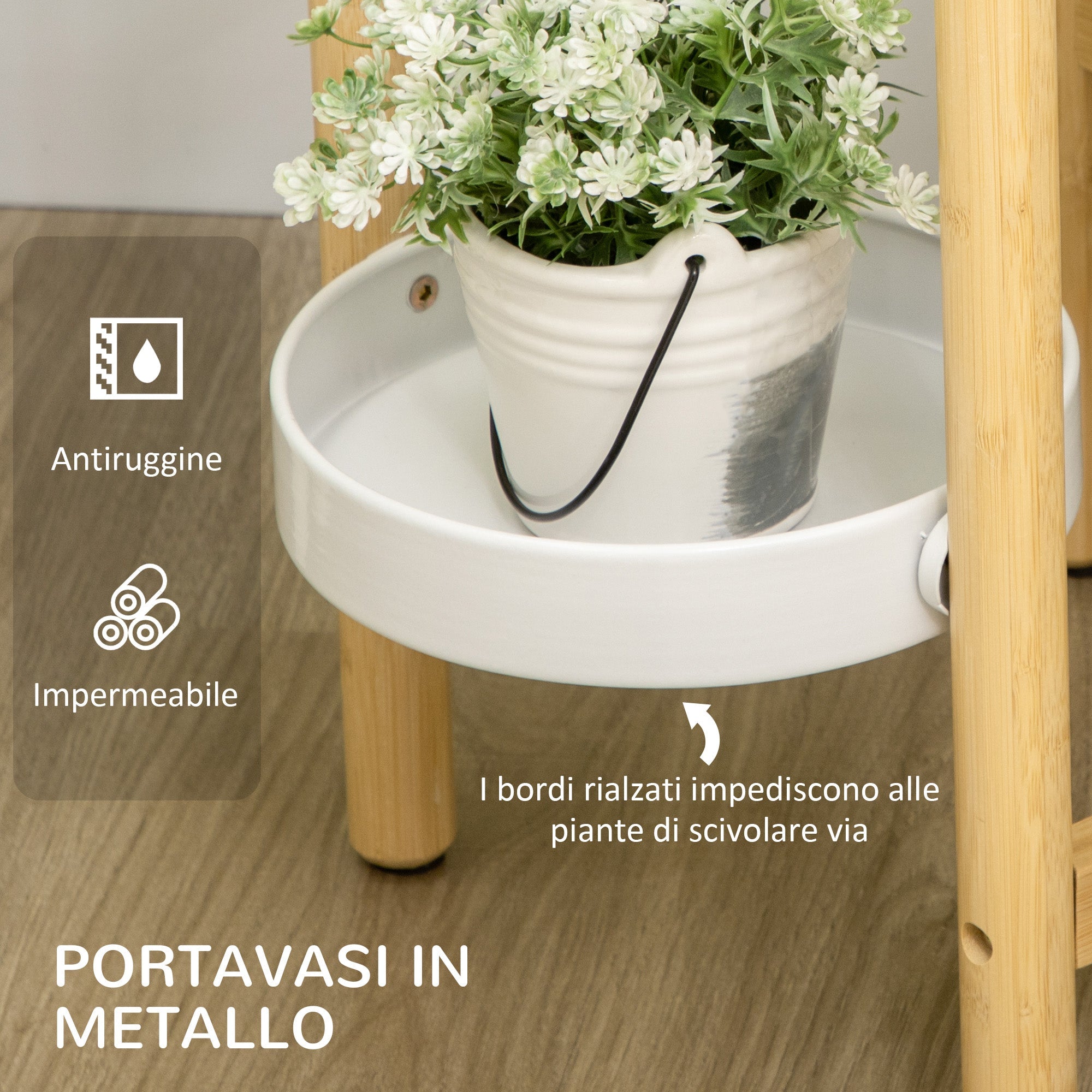 Porta Piante da Interno ed Esterno 28x28x80 cm 4 Ripiani a Vassoio Struttura in Bambù Bianco