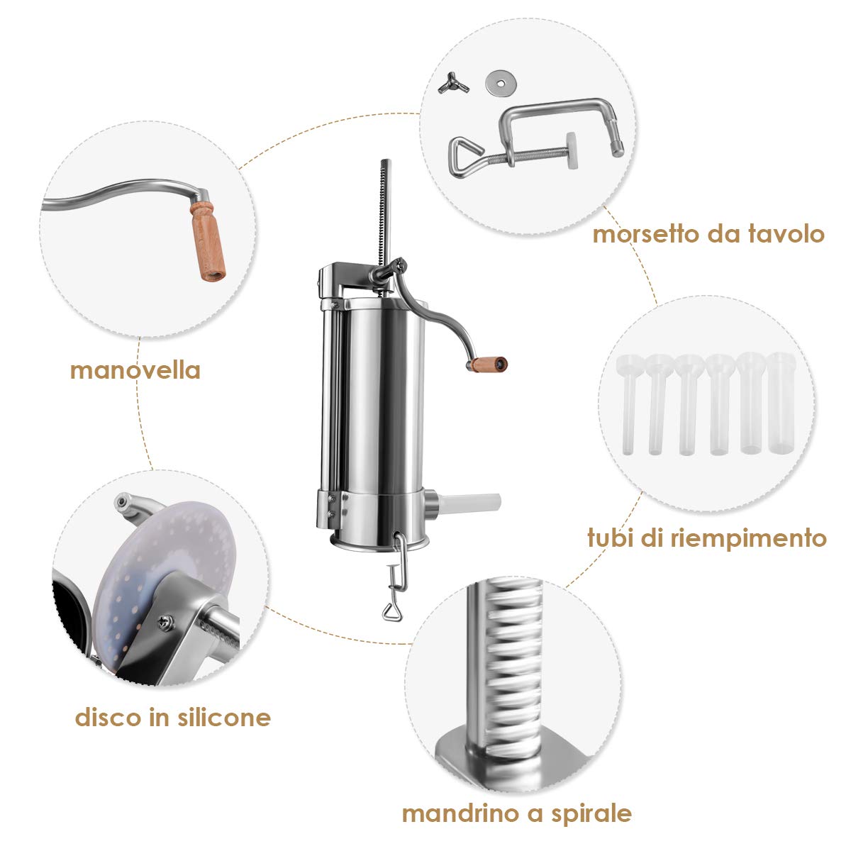 6 L Insaccatrice per Salsiccia Macchina per la Produzione di Salsicce Insaccatrice Manuale per Uso Domestico, Salsicce Siringa con 6 Tubi di Riempimento