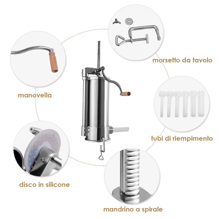 6 L Insaccatrice per Salsiccia Macchina per la Produzione di Salsicce Insaccatrice Manuale per Uso Domestico, Salsicce Siringa con 6 Tubi di Riempimento