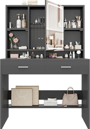 Toeletta Trucco con Luci Led a 3 Colori con Luminosità Regolabile,Tavolo da Trucco con Spazio per Gioielli, 4 Ripiani Regolabili, 2 Cassetti, Stile Moderno, Nero