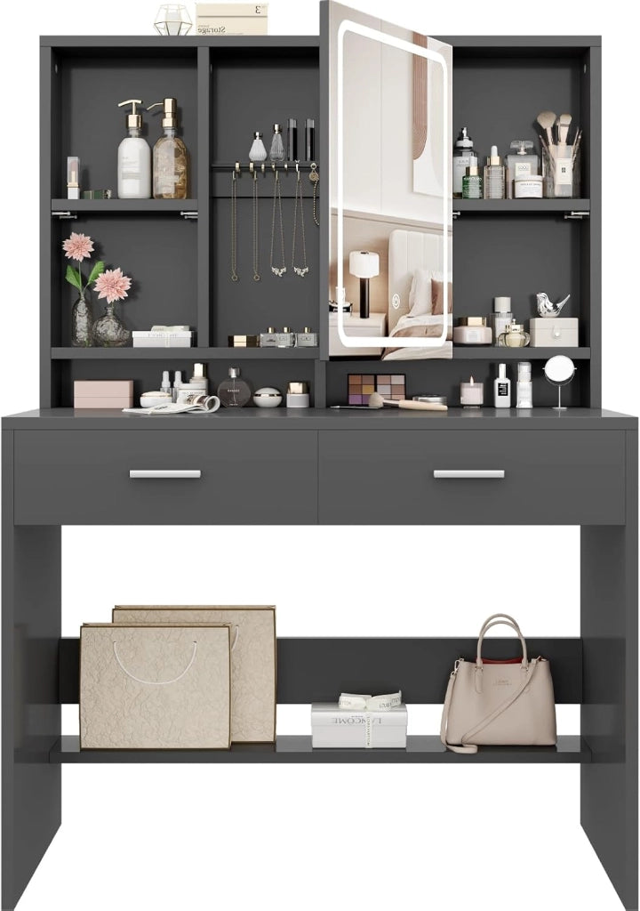Toeletta Trucco con Luci Led a 3 Colori con Luminosità Regolabile,Tavolo da Trucco con Spazio per Gioielli, 4 Ripiani Regolabili, 2 Cassetti, Stile Moderno, Nero