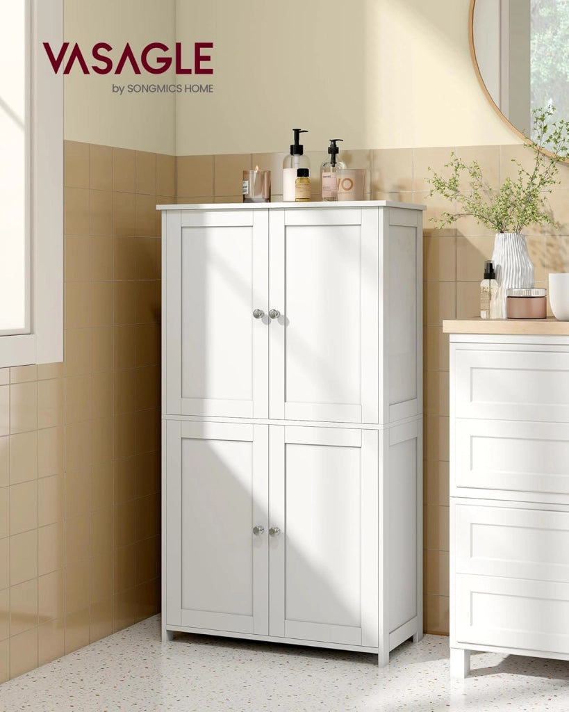 VASAGLE Mobiletto da Bagno, Armadietto con 2 Ripiani Regolabili, Portaoggetti con 4 Ante, Unità Alta Autoportante, per Cucina, Bianco Nuvola BBC553WH01