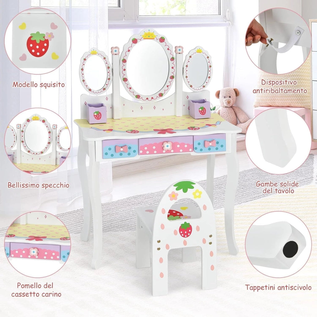 Toeletta Trucco 2 in 1 per Bambina, Specchiera Staccabile con Sedia, 3 Cassetti e 2 Portapenne, Postazione Trucco per Cameretta in Legno, 70 x 34 x 105cm (Bianco)