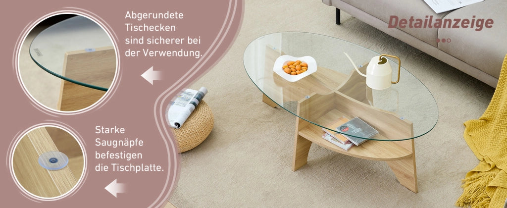Tavolo da caff¨¨ ovale in vetro di sicurezza - Zephmum - 104.9x60cm - Design multifunzionale con scaffali integrati