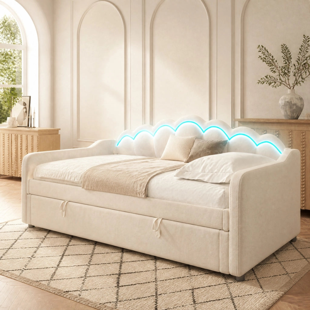 Divano letto singolo 90x200 cm in velluto con contenitore idraulico e LED, beige