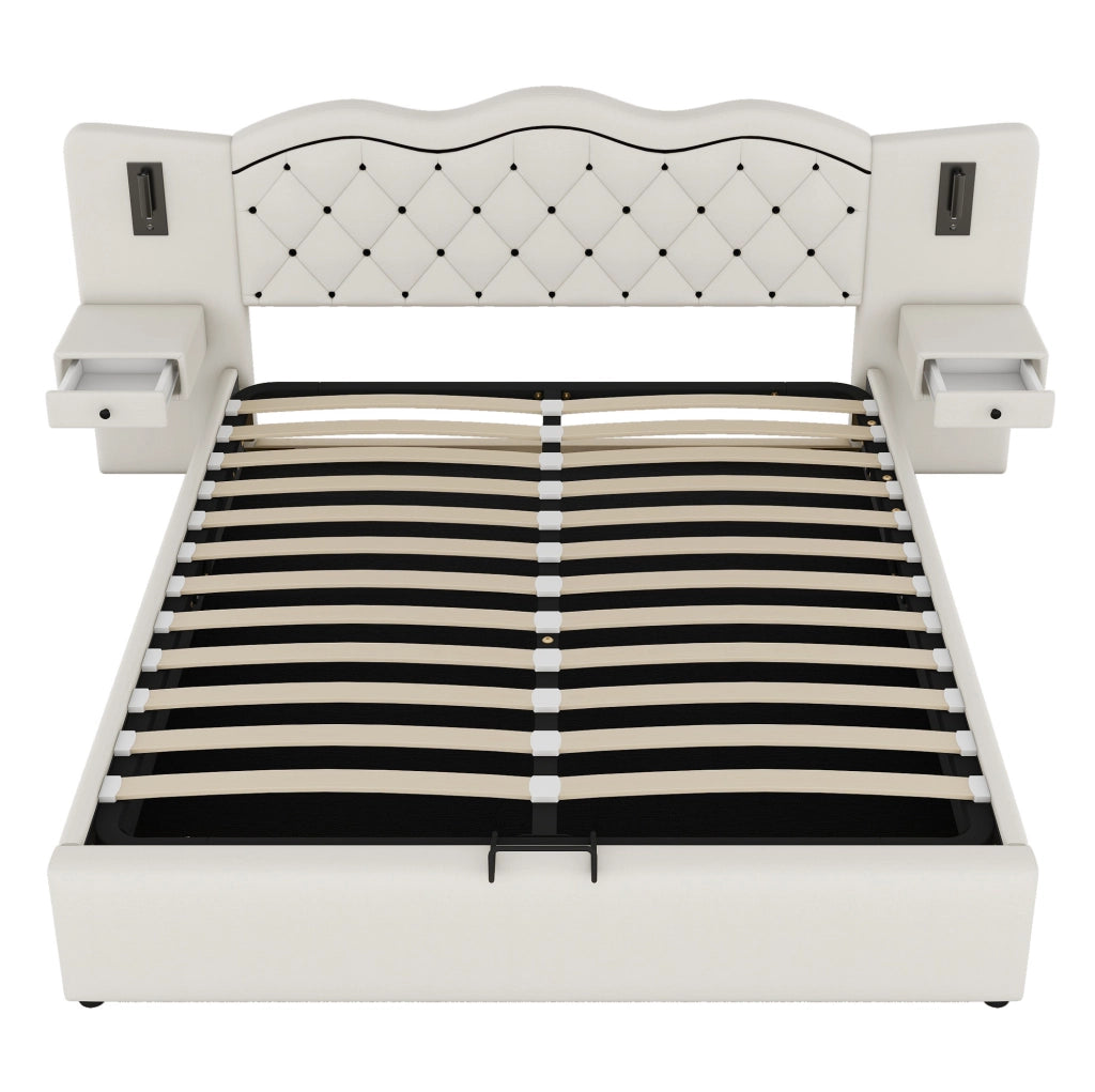 Letto imbottito 180x200 cm; alzata idraulica e luci; lino e MDF; beige