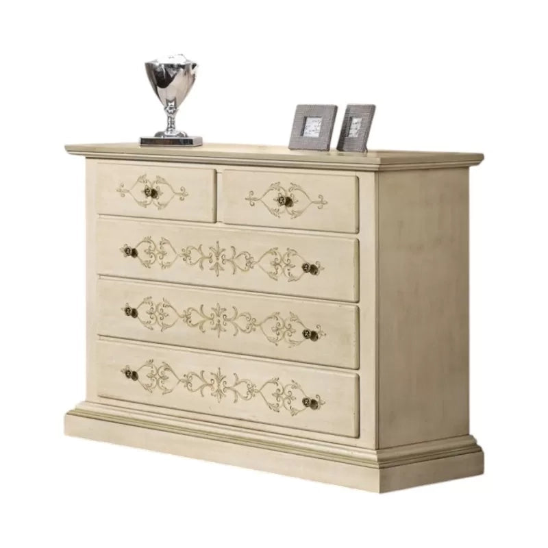 Cassettiera 5 cassetti legno shabby avorio anticato decorato filo verde 125x51x98 (1470) - Mobili 2G