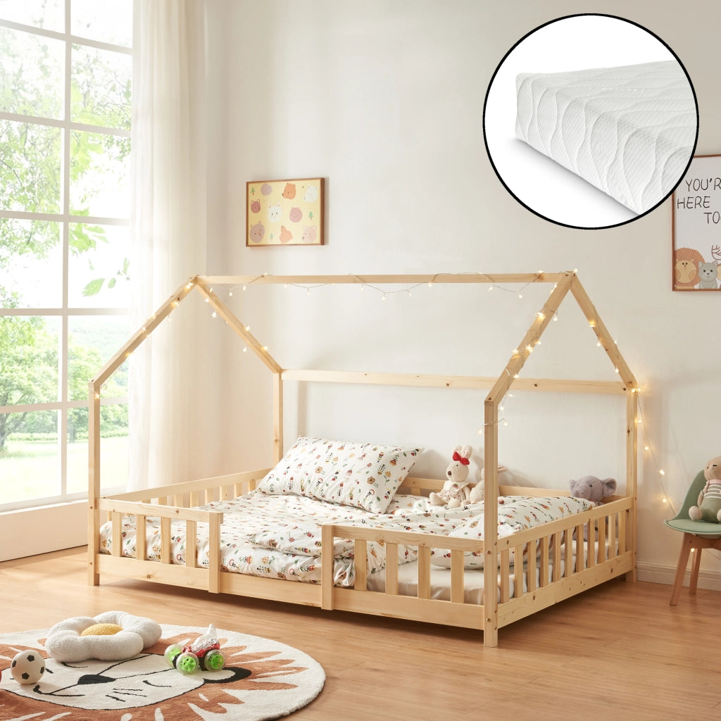 Letto per Cameretta Sisimiut a Forma di Casetta con Materasso 140x200 cm Color Legno Naturale [en.casa] [neu.haus]