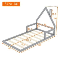 Letto Montessori a Forma di Casetta con Doghe in Legno, Letto per Cameretta per Bambini 4+ Anni, Senza Materasso, 90x200 cm, Grigio