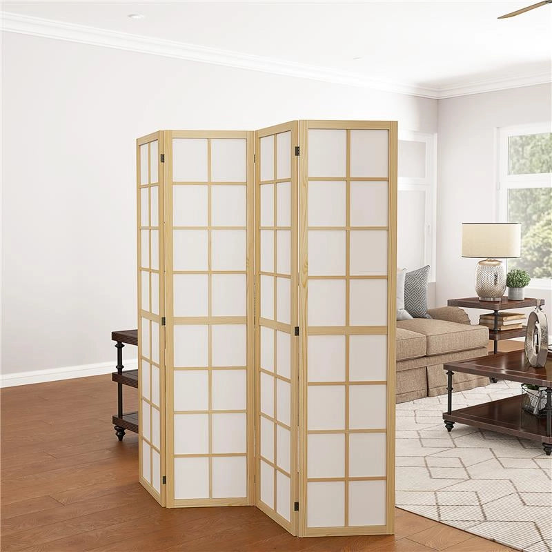 PARAVENTO DA INTERNO A 4 PANNELLI PIEGHEVOLE IN LEGNO E TESSUTO, 160X170 CM, COLORE LEGNO E BIANCO