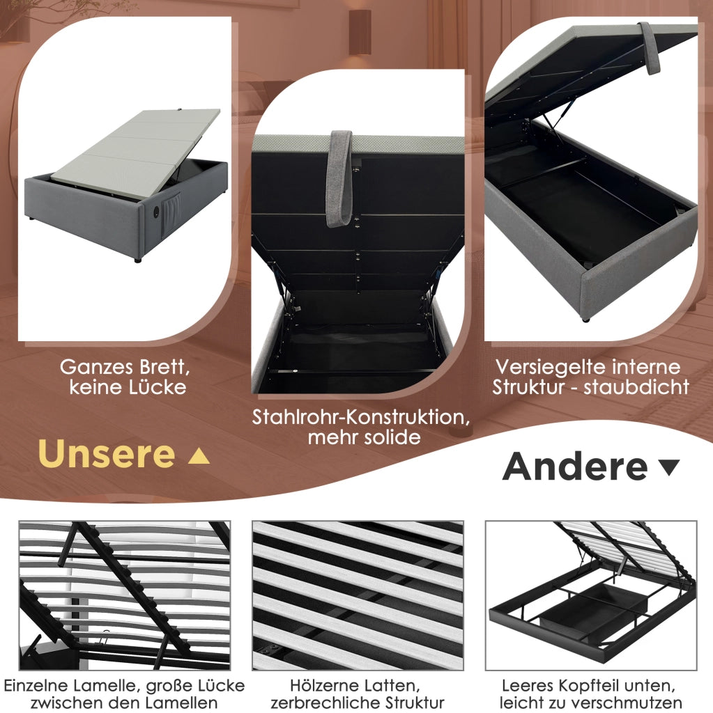 Letto contenitore singolo 90x200 cm in tessuto lino; USB e Type-C; grigio; senza testiera