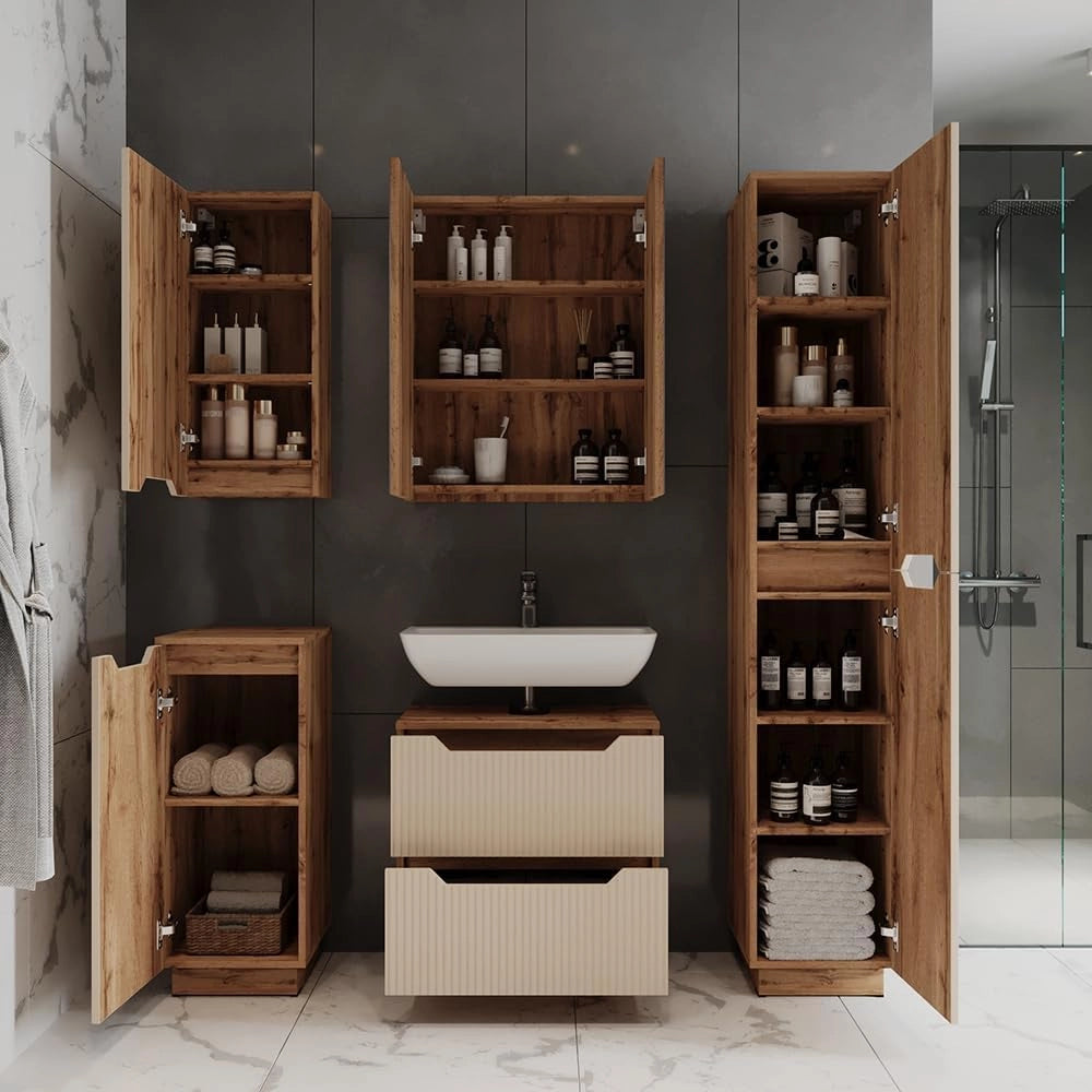 Armadio per il bagno Lotta, Cachemire, 33 x 186 cm con 2 porte, per la conservazione di accessori da bagno e prodotti per la cura