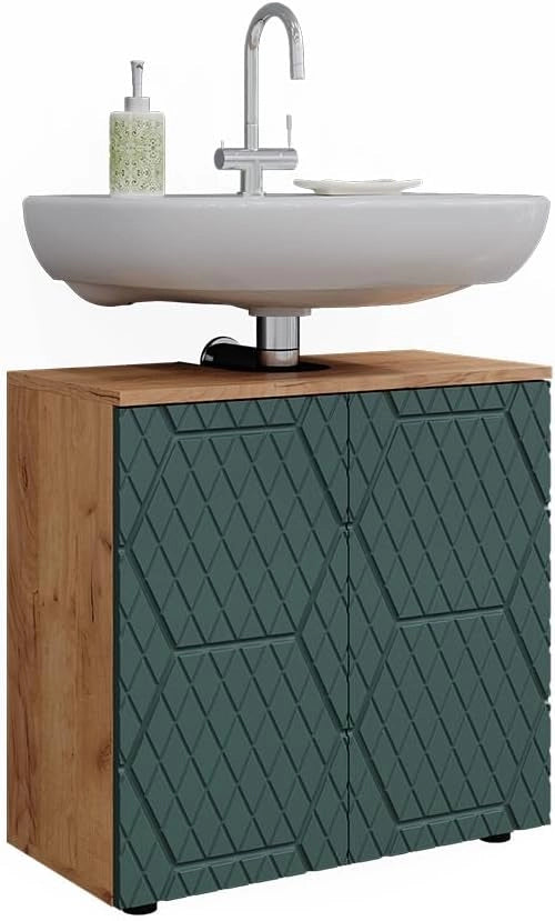 Mobiletto Irma, Quercia verde/oro, 60 x 59 cm, con ritaglio per sifone e ripiano interno per conservazione
