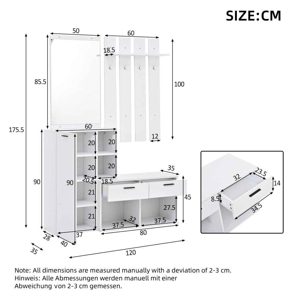 Garderoba da ingresso 120x35x175.5 cm con specchio; 2 cassetti e 4 ganci in MDF bianco