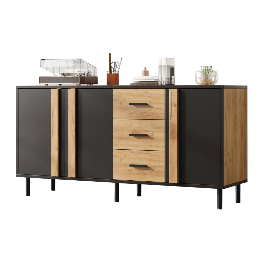 Credenza moderna 140x35x70 cm in MDF con 3 ante e 3 cassetti; nero e legno