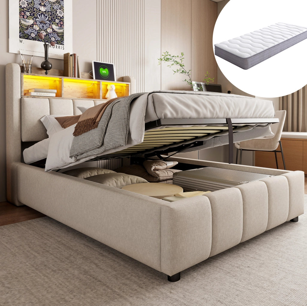 Letto imbottito 90x200 cm beige con LED, USB e vano contenitore