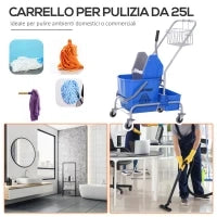Carrello Pulizie Professionale con Cesto Sospeso, Ripiano, 25L Secchio Lavapavimenti con Strizzatore, Carrello Multiuso con Gancio per Hotel, Albergo e Ristorante, 72x49.5x95 cm, Blu