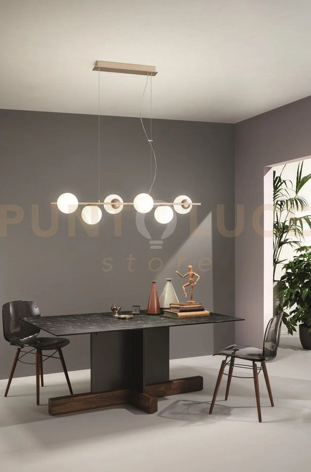 SOSPENSIONE MONILE 6 LUCI ATTACCO E14 ORO E VETRI BIANCHI L.120CM