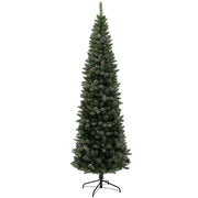 Albero di Natale Innevato Slim Alto 225 cm con 980 Rami Pigne e Base in Acciaio Verde