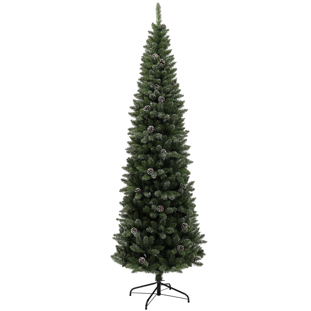 Albero di Natale Innevato Slim Alto 225 cm con 980 Rami Pigne e Base in Acciaio Verde
