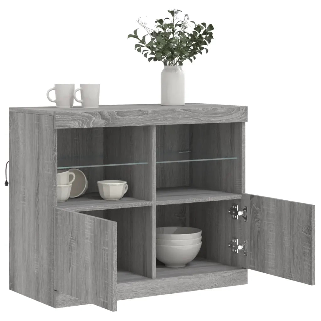 Credenza con Luci LED-Buffet-Armadio da cucina Grigio Sonoma 81x37x67 cm