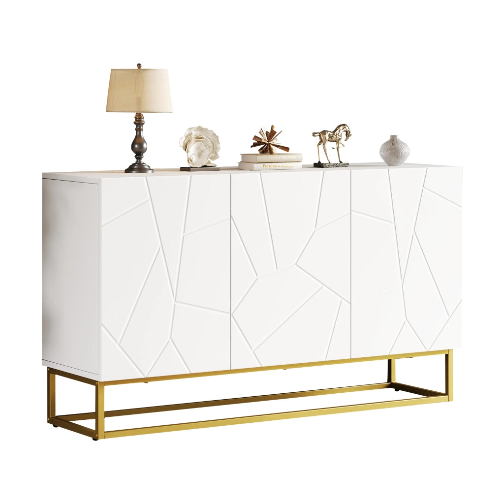 Credenza con 3 ante e ripiani regolabili, frontali lucidi, per soggiorno e ingresso, 130 × 35 × 76 cm, bianco e oro