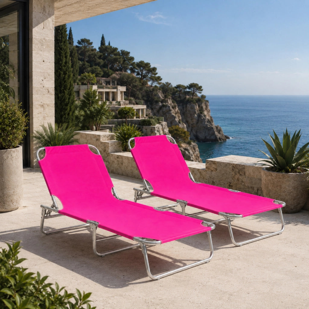 Coppia Di Sedie Sdraio Pieghevoli Prendisole Schienale Regolabile Reclinabile Struttura In Metallo Per Spiaggia Giardino Mare Piscina Senza Tettuccio 187 x 53 x 24 Cm Rosa