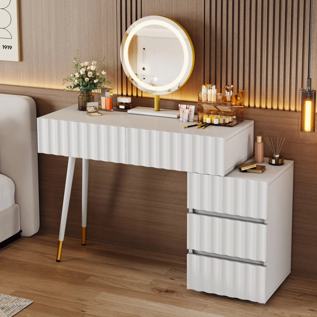 Toeletta 100x40x127 cm con specchio LED a tre colori; 5 cassetti; MDF e truciolare; bianco