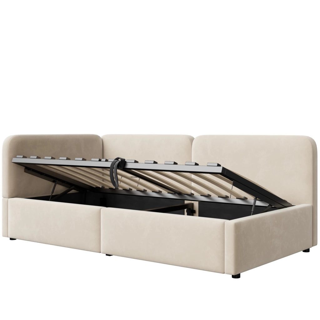 Divano letto imbottito 207x96x78 cm con spazio contenitore idraulico; tessuto beige