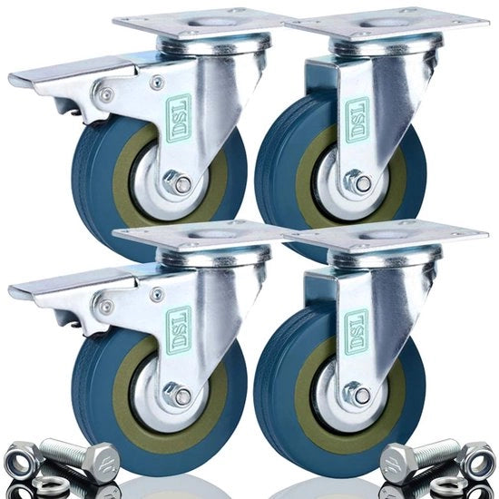 4 ruote in gomma pesanti, 75 mm, ruote piantate, ruote per trasporto, ruote per mobili, 360 kg, comprensivo di viti, di marca DSL