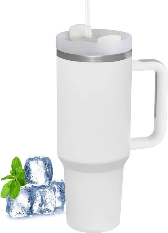 Bicchiere termo con manico e manovella - 1180 ml - bicchiere da caffè con coperchio - bicchiere a doppia parete in acciaio inossidabile con isolamento a vuoto - borsa da viaggio per bicchieri per bevande fredde e calde - bianco - grande capacità