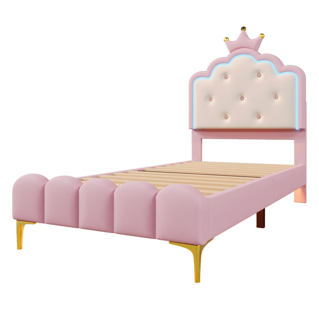 Letto a corona per bambine con LED ambientali e telecomando; PU rosa; 90x200 cm; senza materasso