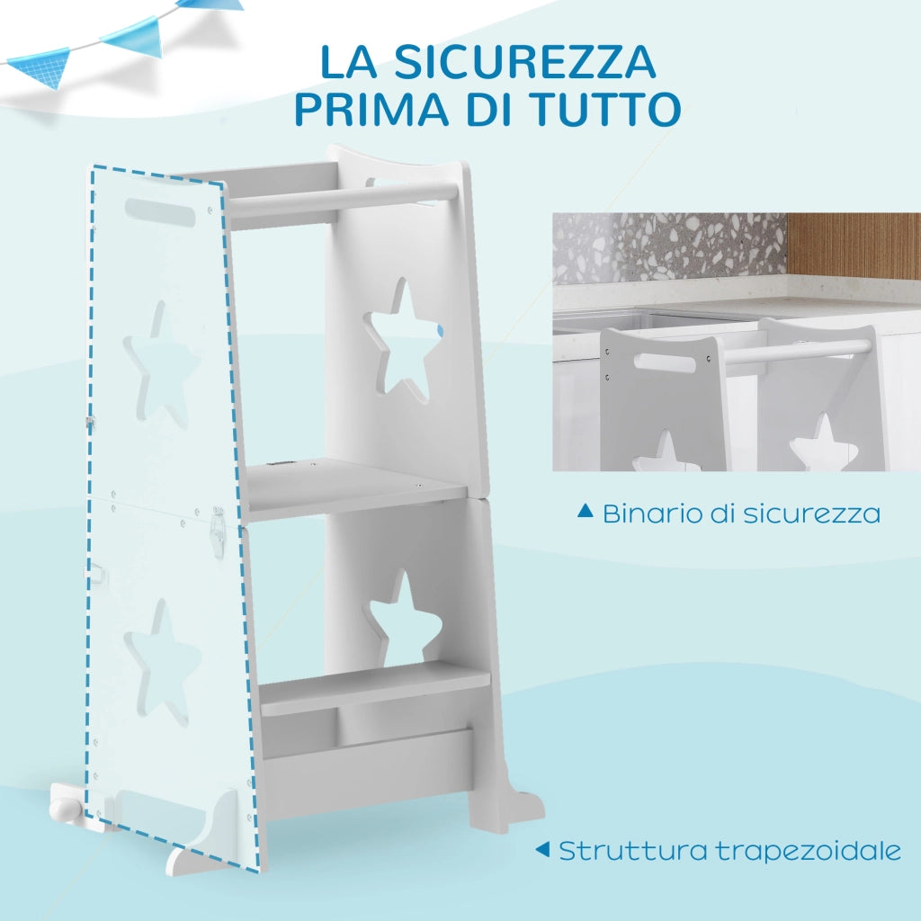 Scala Montessori Convertibile in Set Tavolo e Sedie con Barra di Sicurezza. in Legno. 60x44.5x86 cm. Bianco