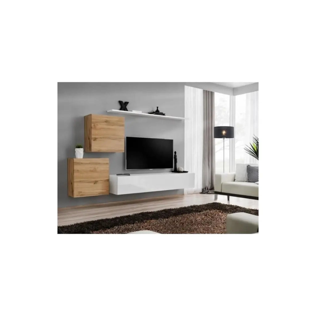 Set di mobili da salotto SWITCH V design, colore bianco lucido e quercia Wotan.