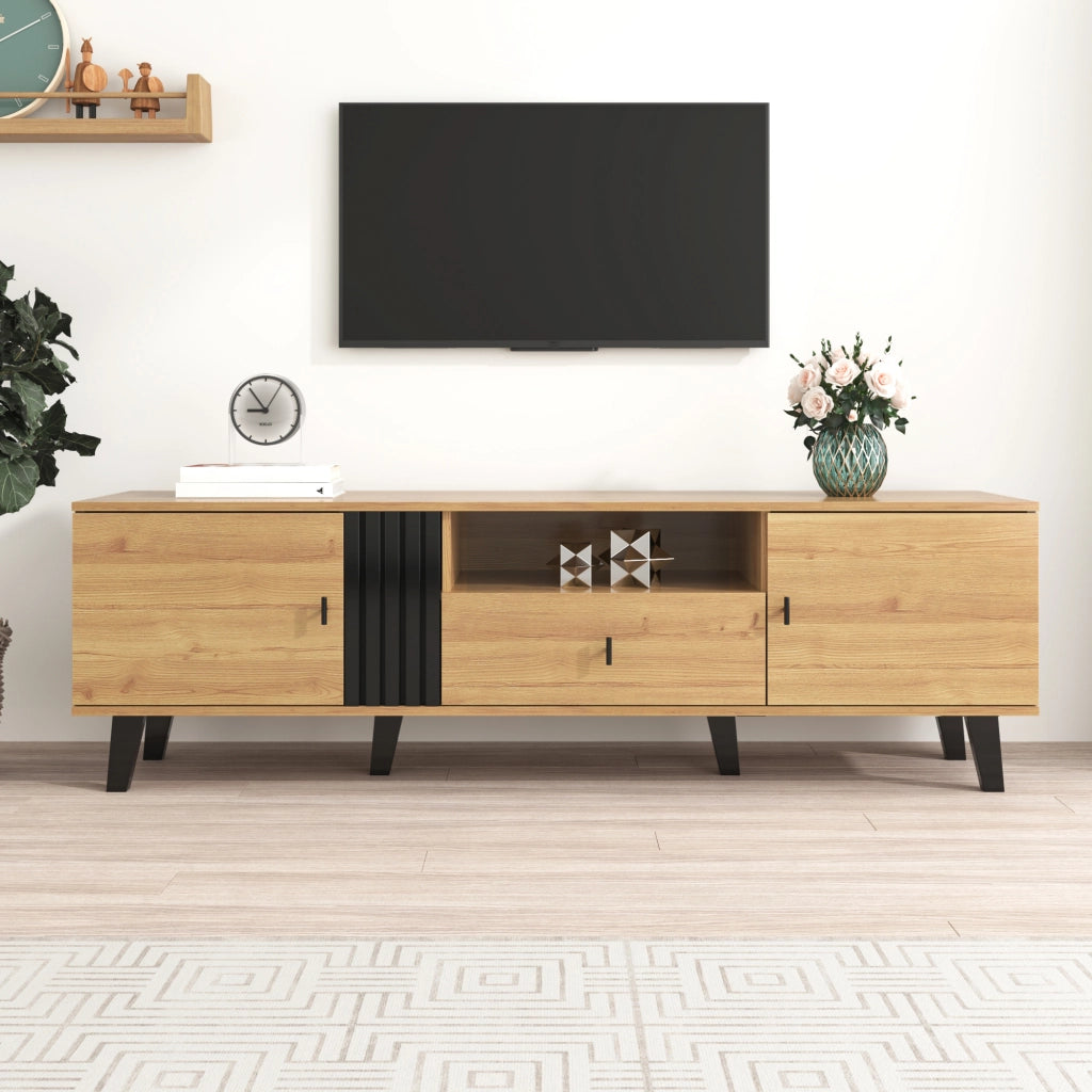 Cassettiera per TV Natural 170 cm in truciolare e vetro