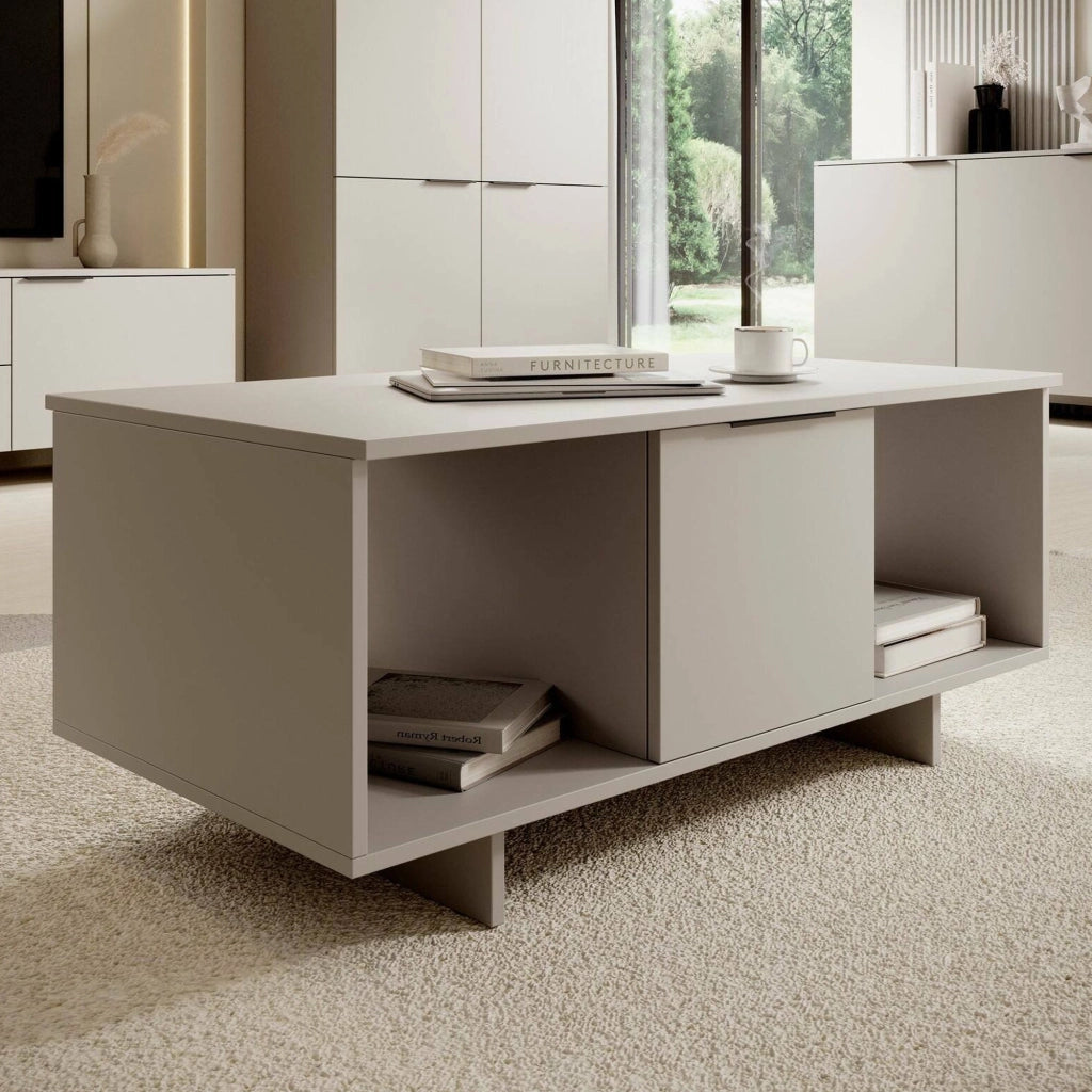 Tavolino da salotto Rho, Con ante e vani contenitore, Rialzato da terra, 100x55 h55 cm, Beige