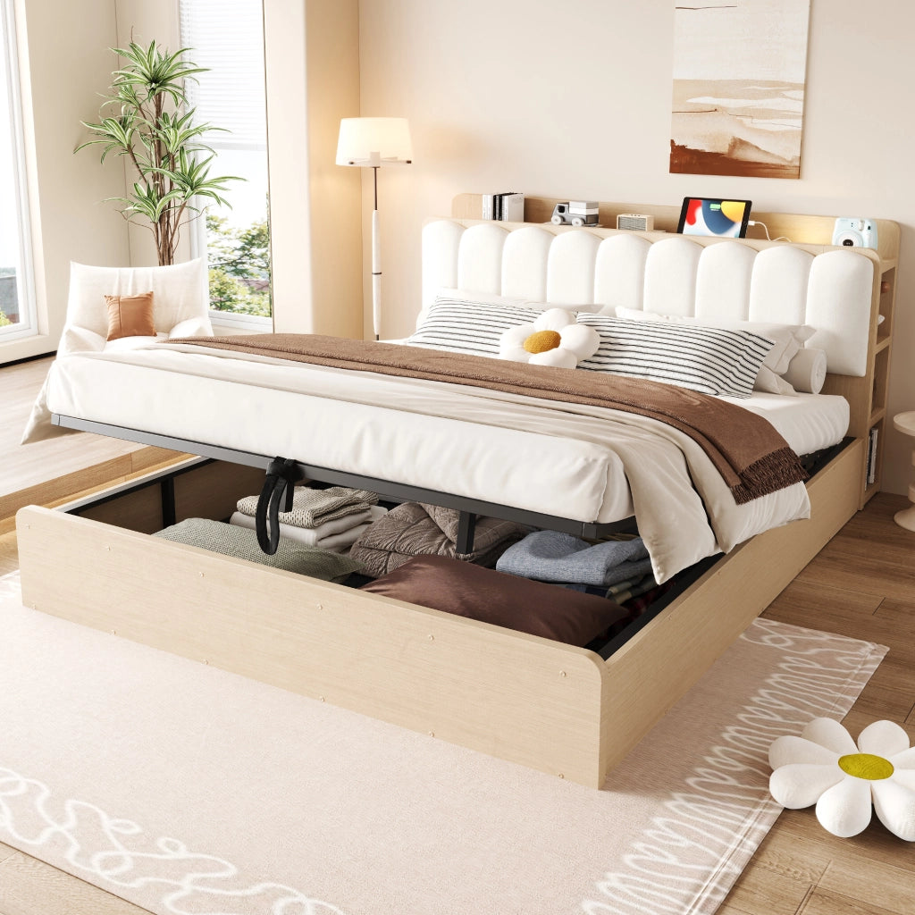 LETTO 180x200 cm in legno con contenitore idraulico, testiera imbottita, colore legno naturale