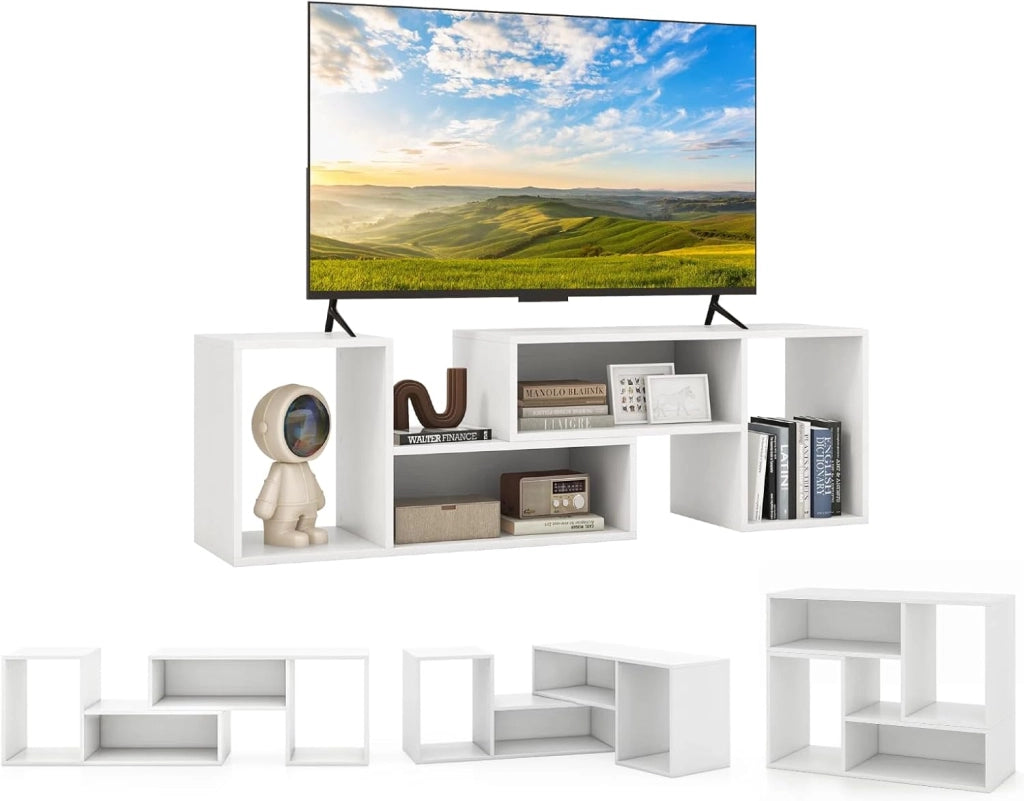 Mobile Porta TV Combinabile a 2 Pezzi, per TV Fino a 60 Pollici, Mobile TV Soggiorno in Legno, con 4 Vani Aperti, Tavolo Media TV Multifunzionale, per Soggiorno, Camera da Letto (Bianco)