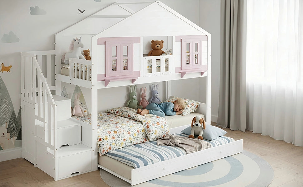 letto a castello in legno massiccio e mdf bianco rosa 90x200 cm