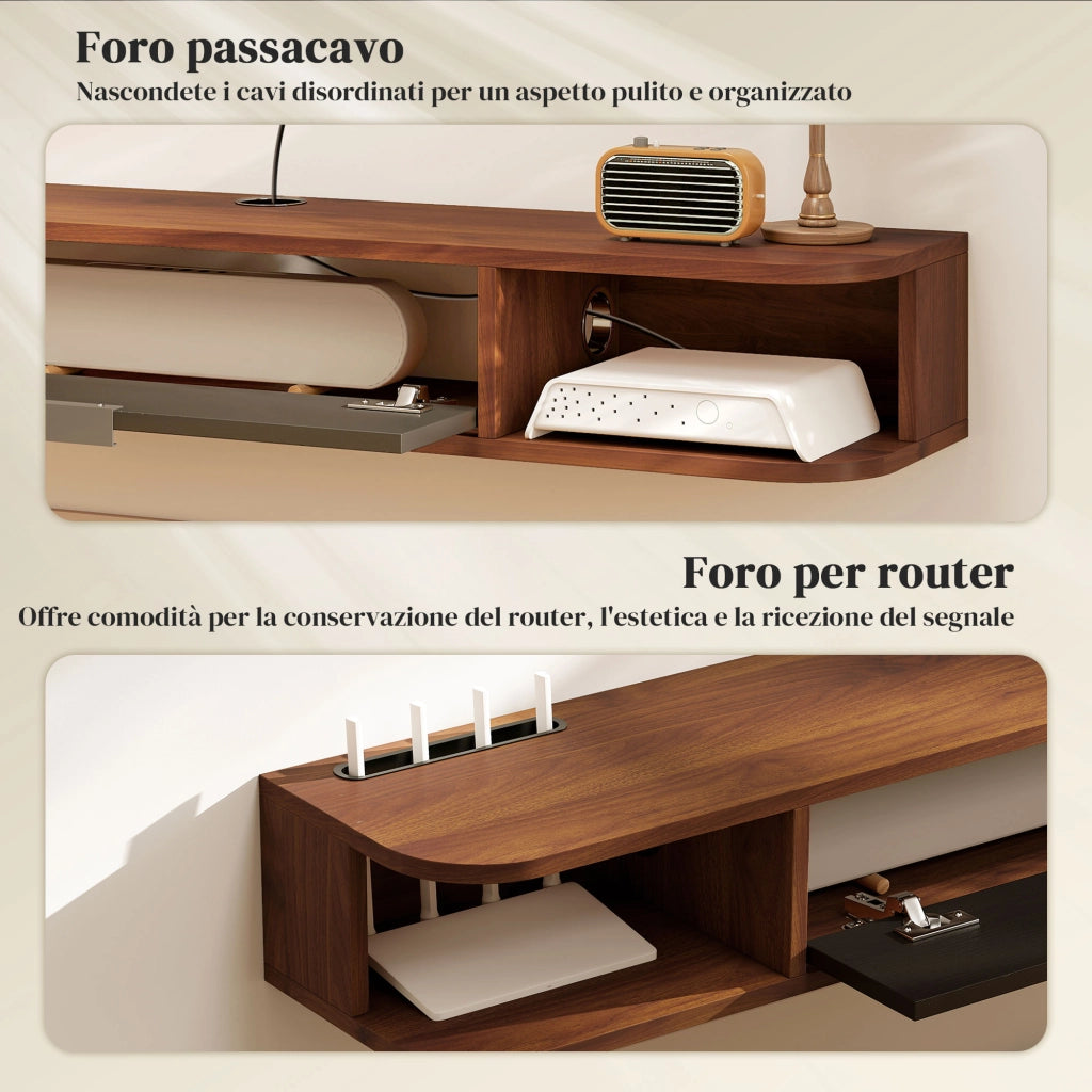 Mobile Porta TV fino 50" Sospeso con Cassetto-Credenza  per TV,2 Ripiani Aperti e Foro Passacavi,120x24x16 cm,Noce