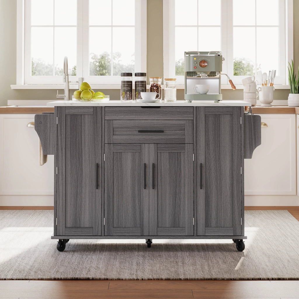Isola da Cucina Mobile 136x45/70x92 cm Grigia e Legno con Piano Ribaltabile, Cassetti e 5 Ruote