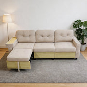 Divano Angolare 3 Posti con Penisola Estraibile ¨C MINIMAL ¨C Velluto Verde/Beige, Contenitore, Braccioli in Legno