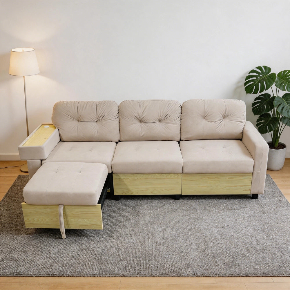 Divano Angolare 3 Posti con Penisola Estraibile ¨C MINIMAL ¨C Velluto Verde/Beige, Contenitore, Braccioli in Legno