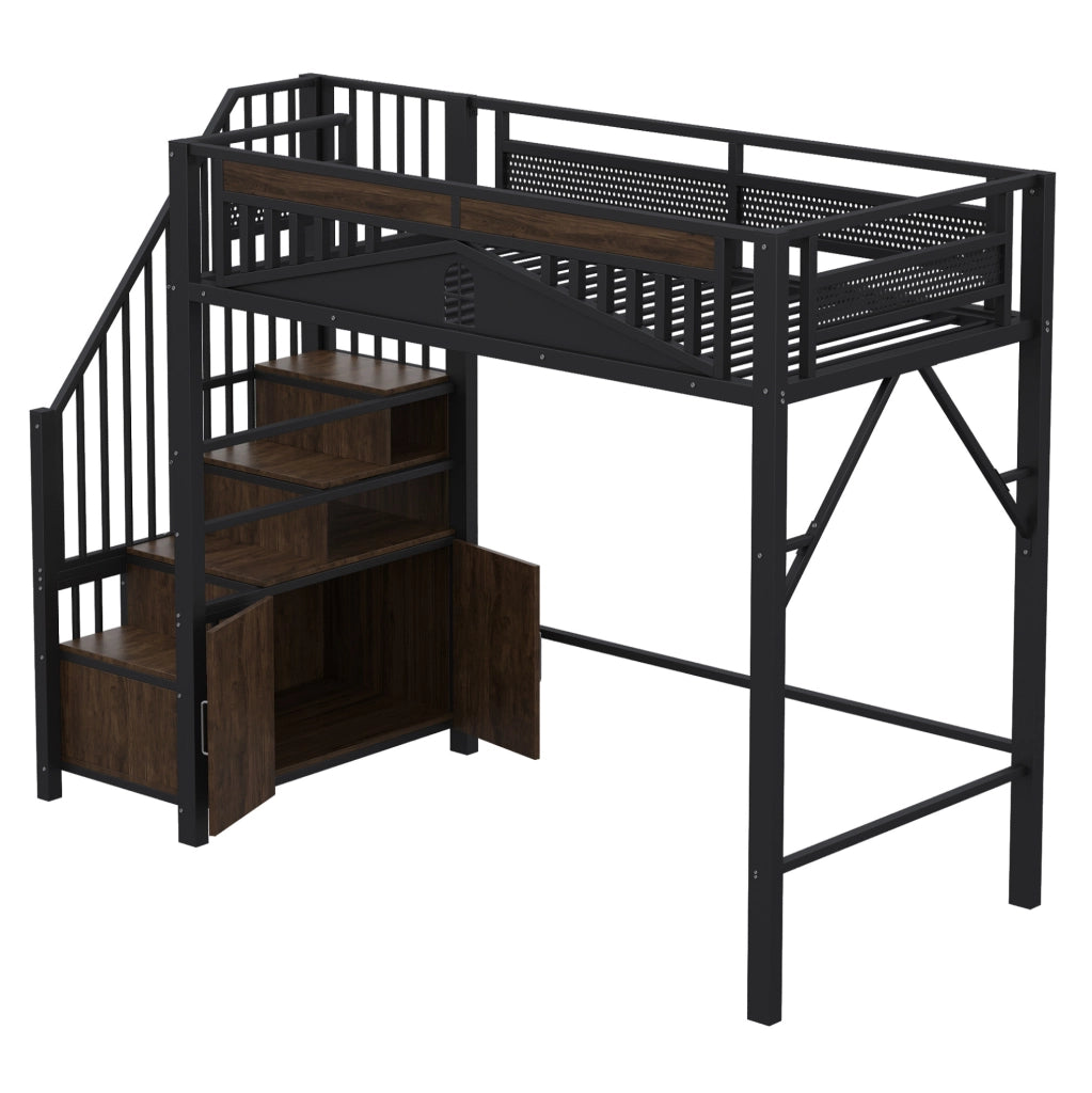 Letto a soppalco 90x200 cm in metallo e legno con scala contenitore; armadietto e barriera nera
