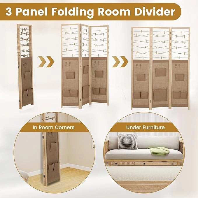 Paravento a 3 Pannelli, Separé Divisorio Pieghevole con 8 Tasche, 4 Ganci, Corde di Iuta per Appendere e 20 Clip in Bambù, Separatore di Spazio in Legno Boho per Casa e Negozi