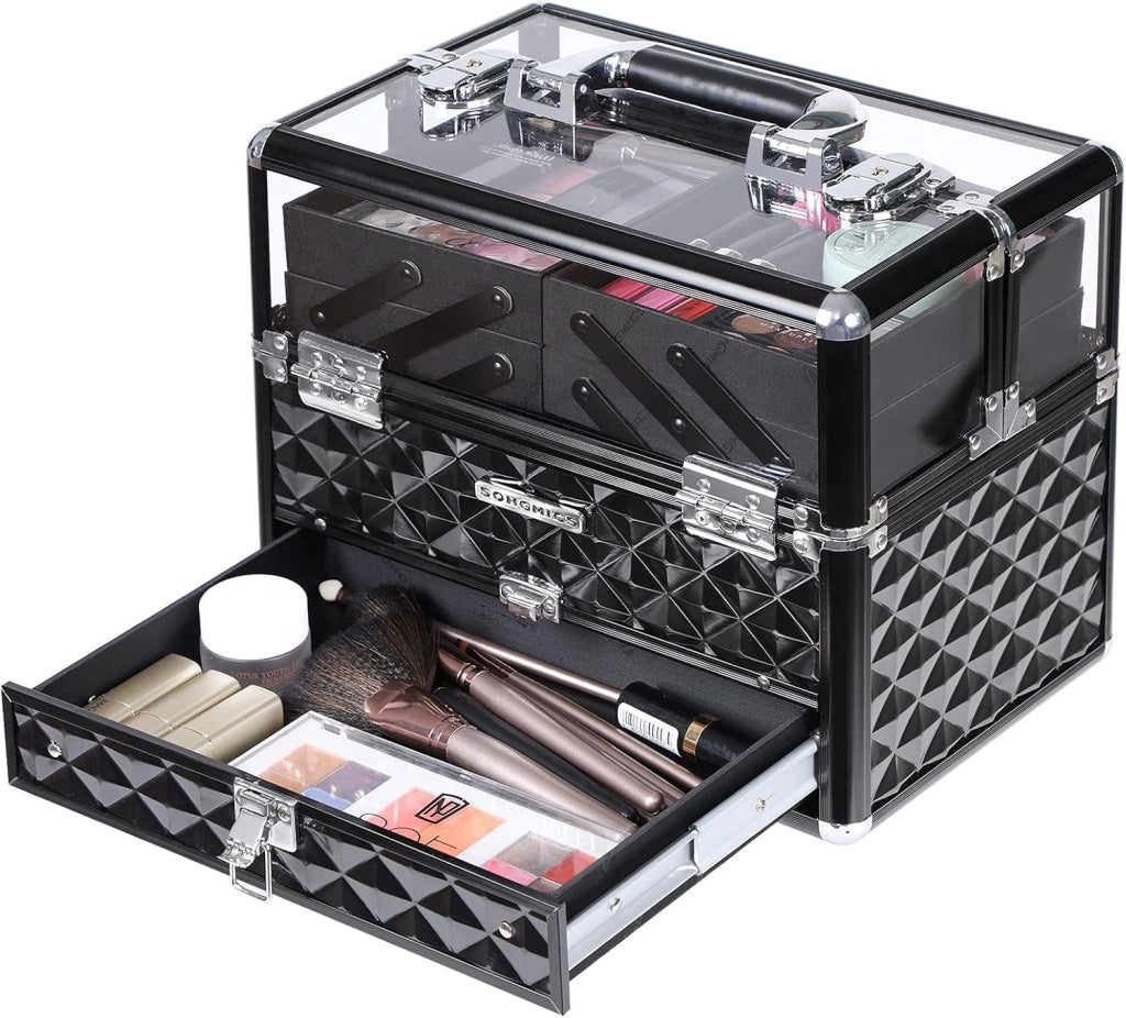 SONGMICS Beauty Case da Viaggio, Valigetta per Trucco, Arte e Unghi,con Coperchio Trasparente, Telaio in Alluminio, Cofanetto Diversi Vassoi per Truccatore, Nero JBC318B